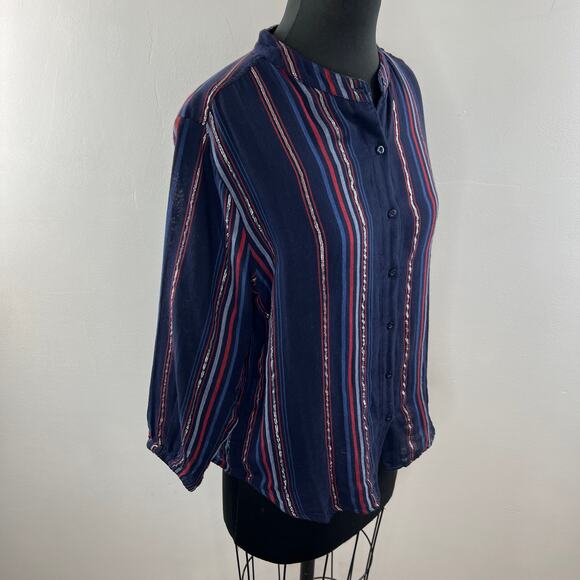SUNDRY Multi Blouse Striped Print Cotton Blend Collarless Button Front Size 1 S - Picture 5 of 9